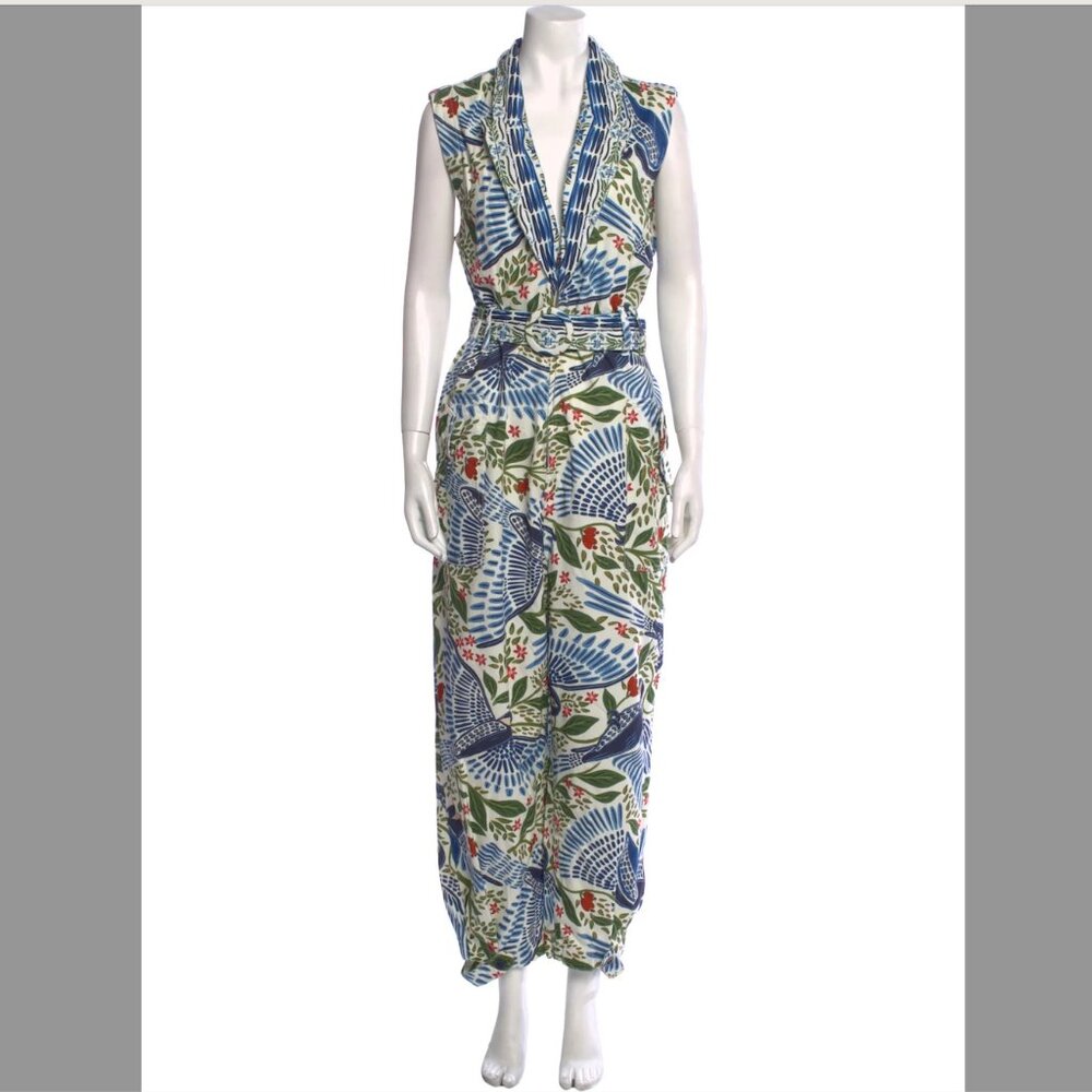 Farm Rio Anthropologie Blue Bird Print Belted V Neck Jumpsuit Cotton XL